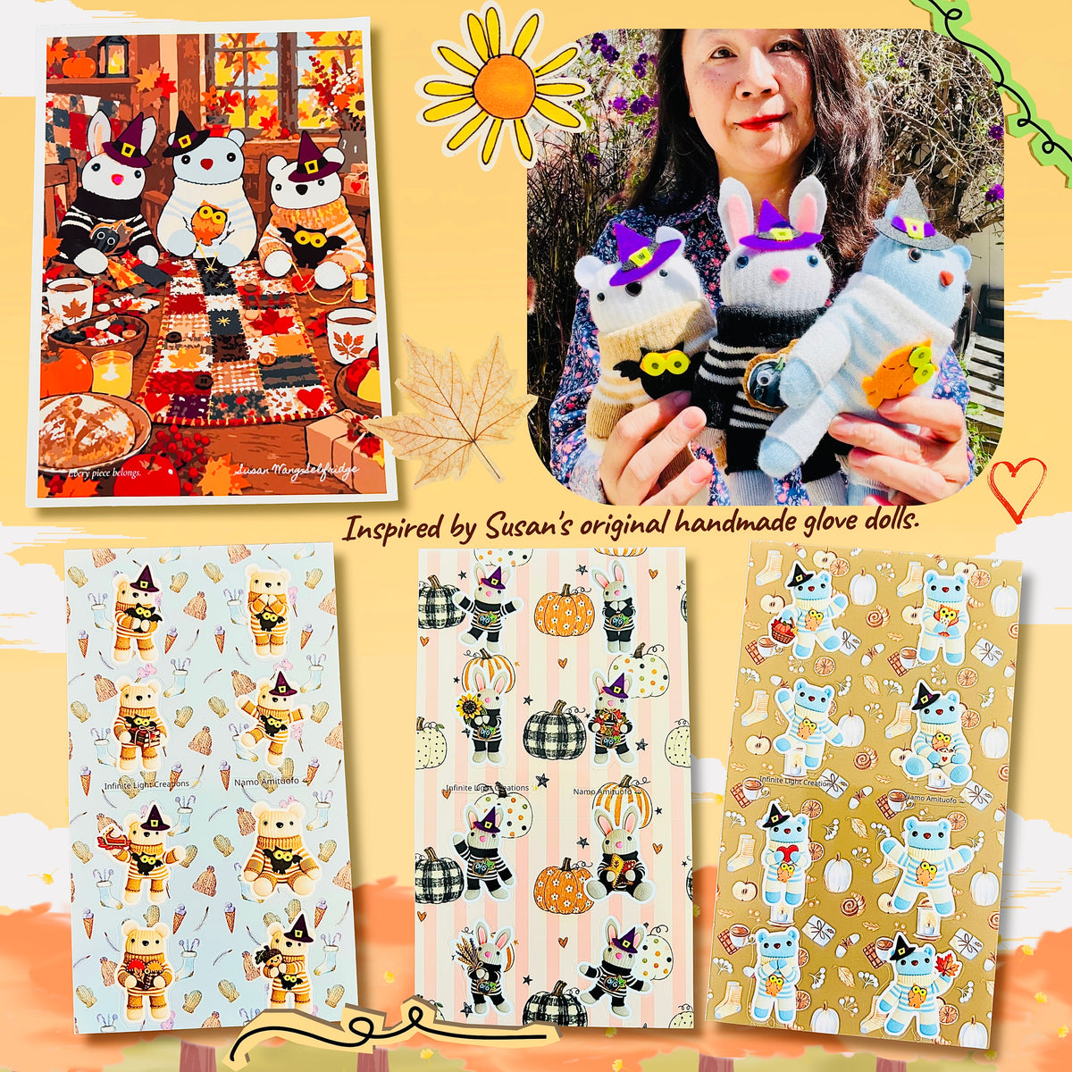 Cozy Fall Collector Set with Amity Patch, Lucian and Ember sticker sheets, art print, and Susan holding the original handmade dolls